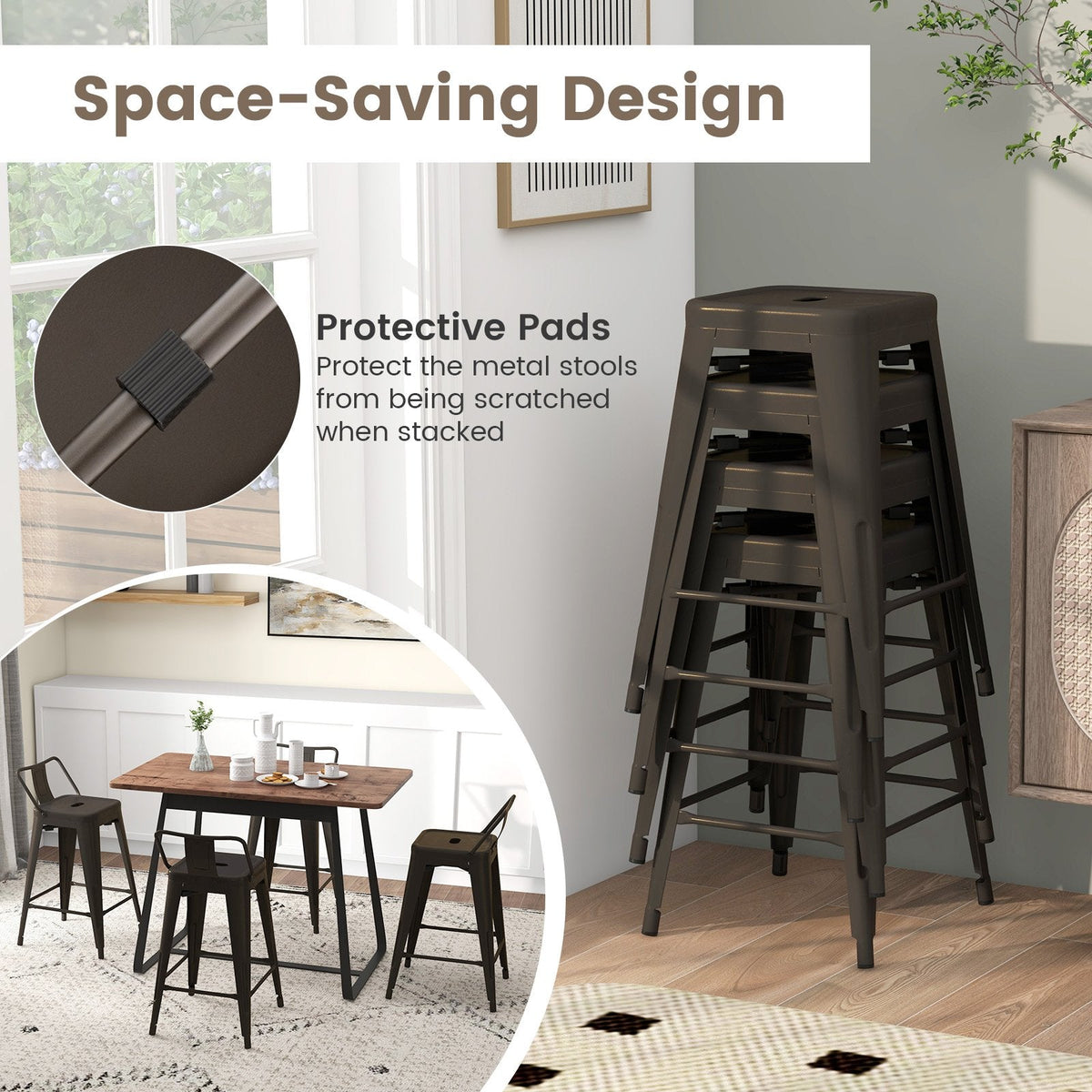 Set of 4 Metal Counter Stools with Removable Backs, Gun Metal Finish, 24 Inch Seat Height
