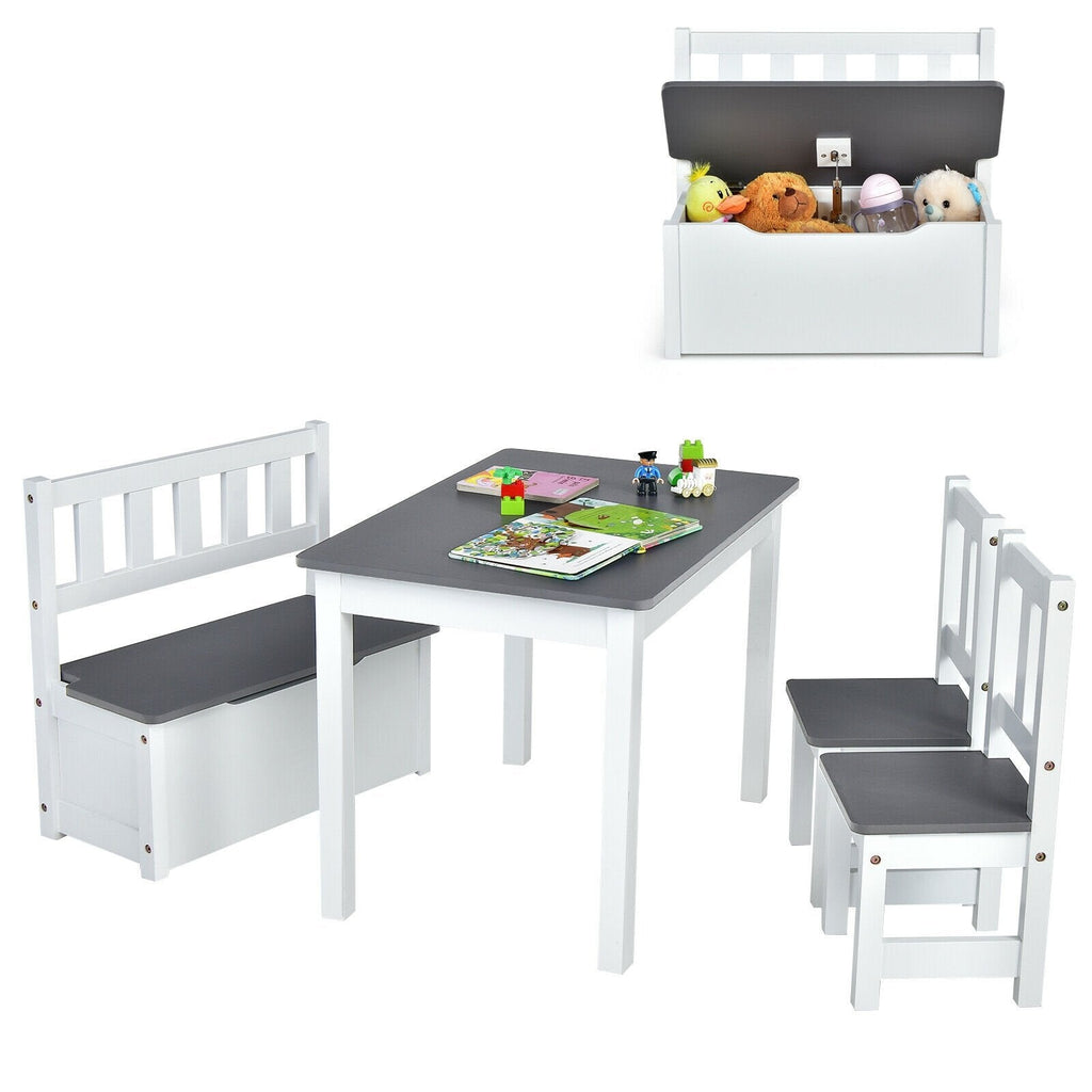 4 Piece Kids Table, 2 Chair and Storage Bench Set, Grey and White