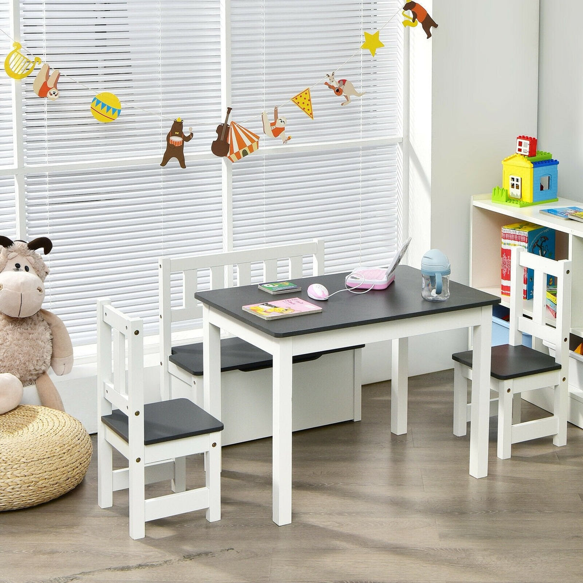 4 Piece Kids Table, 2 Chair and Storage Bench Set, Grey and White