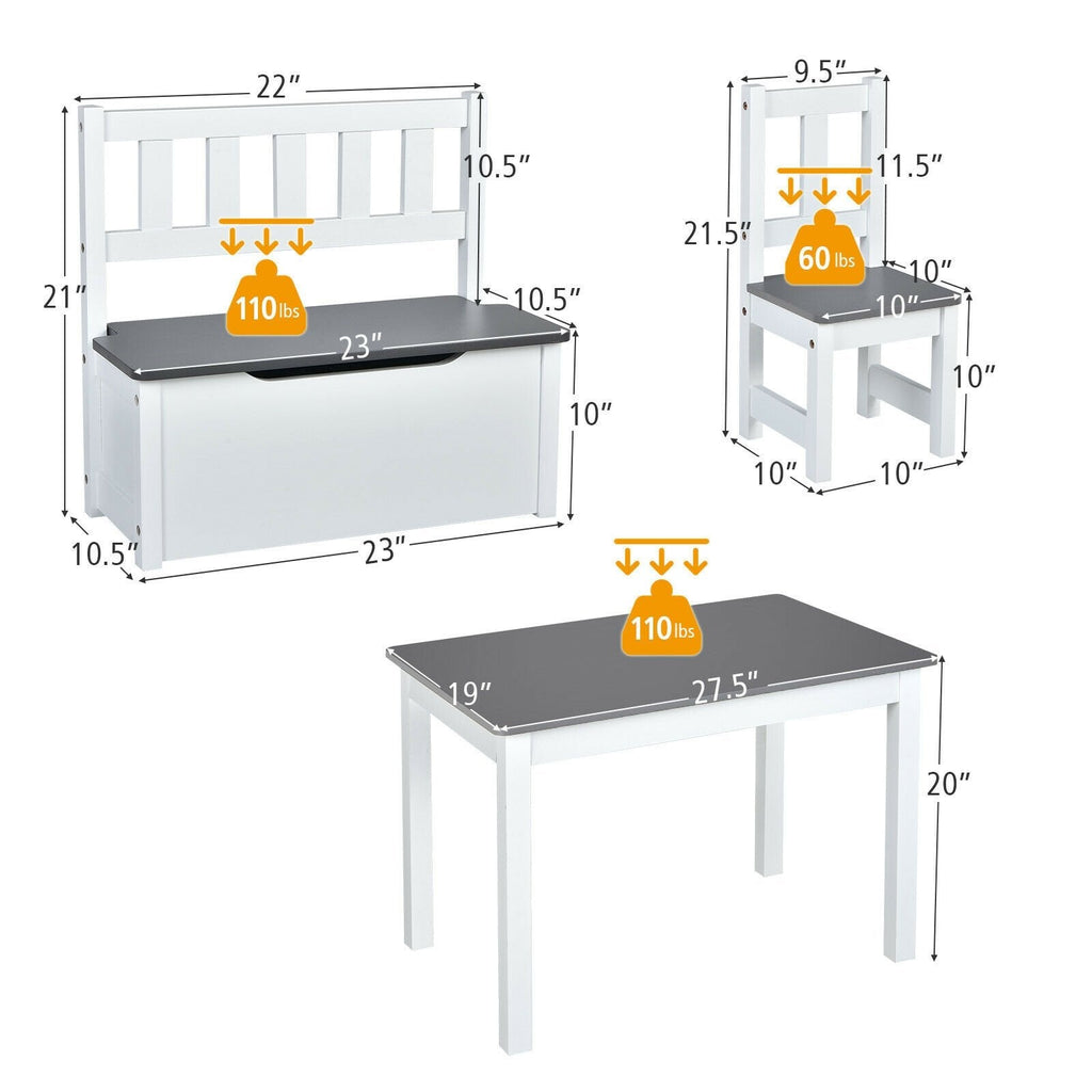 4 Piece Kids Table, 2 Chair and Storage Bench Set, Grey and White