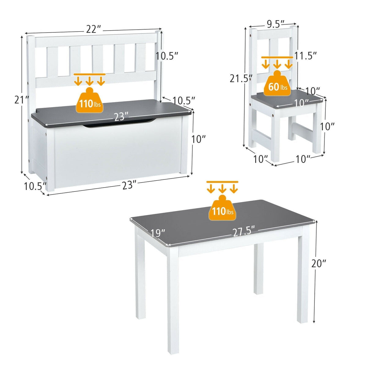 4 Piece Kids Table, 2 Chair and Storage Bench Set, Grey and White
