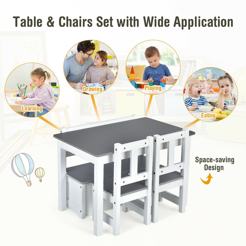 4 Piece Kids Table, 2 Chair and Storage Bench Set, Grey and White