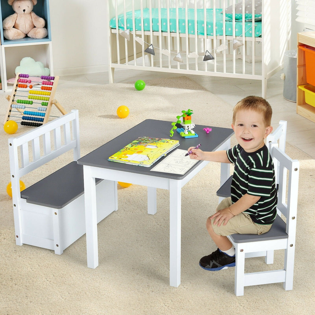 4 Piece Kids Table, 2 Chair and Storage Bench Set, Grey and White