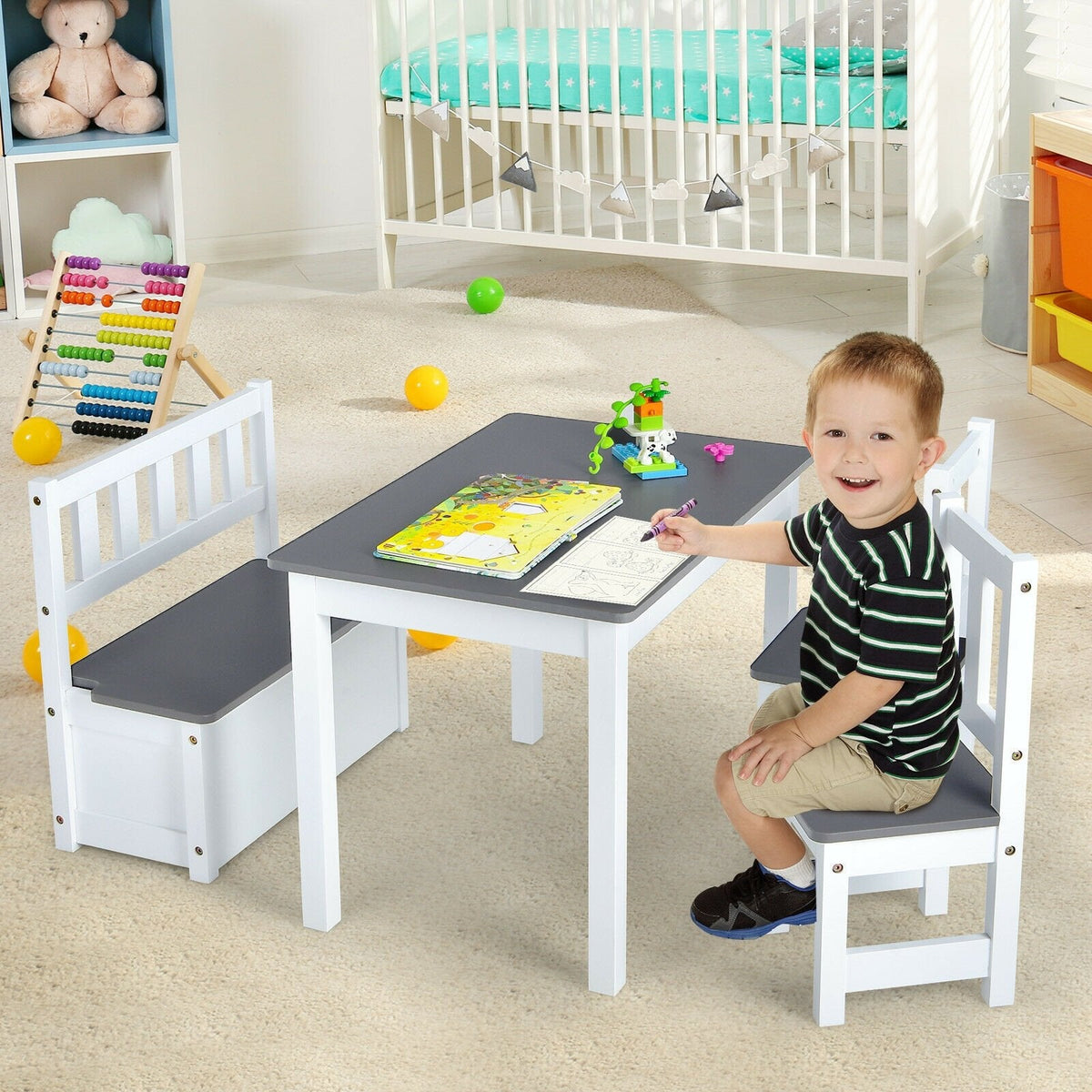 4 Piece Kids Table, 2 Chair and Storage Bench Set, Grey and White