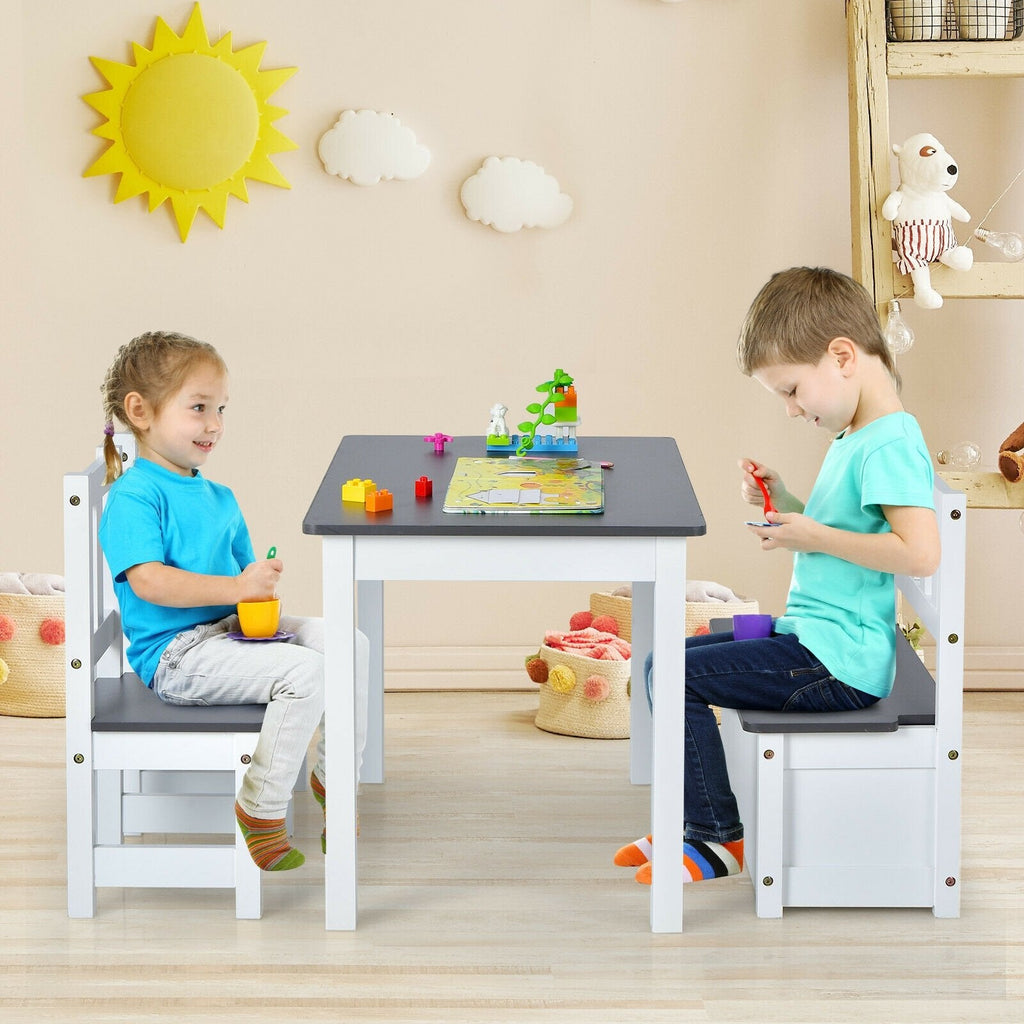 4 Piece Kids Table, 2 Chair and Storage Bench Set, Grey and White