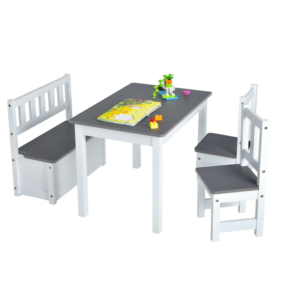 4 Piece Kids Table, 2 Chair and Storage Bench Set, Grey and White