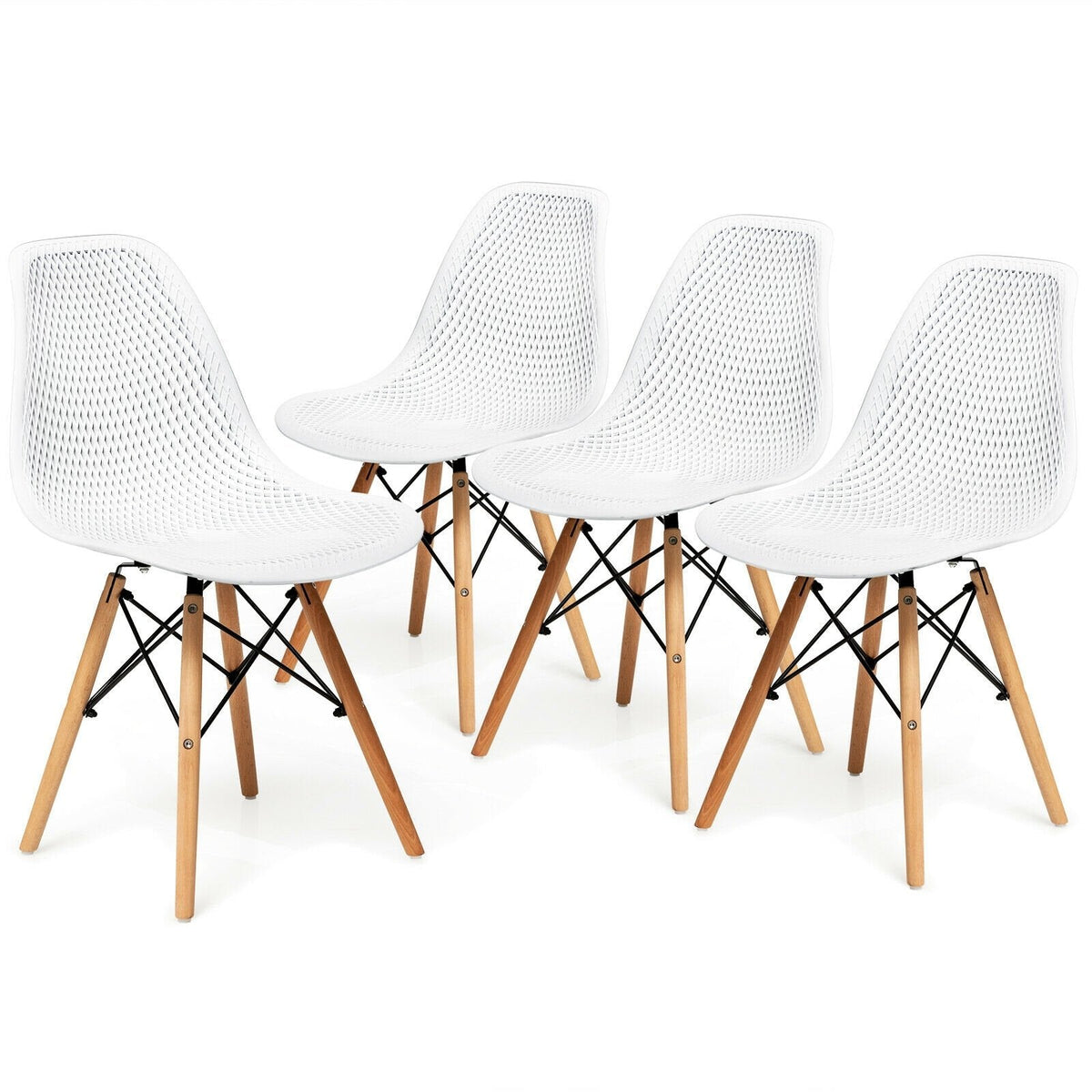 Set of 4 White Shell Dining Chairs with Perforated Seats, Beech Wood Legs and One Step Assembly