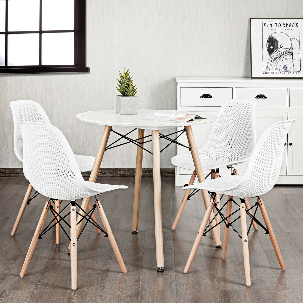 Set of 4 White Shell Dining Chairs with Perforated Seats, Beech Wood Legs and One Step Assembly