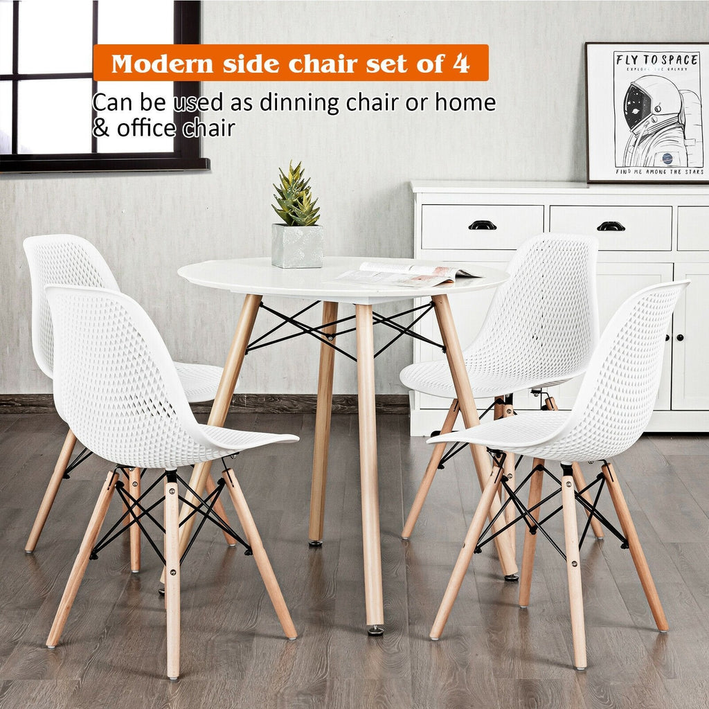 Set of 4 White Shell Dining Chairs with Perforated Seats, Beech Wood Legs and One Step Assembly