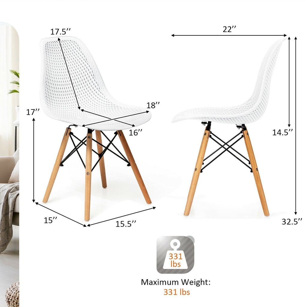 Set of 4 White Shell Dining Chairs with Perforated Seats, Beech Wood Legs and One Step Assembly