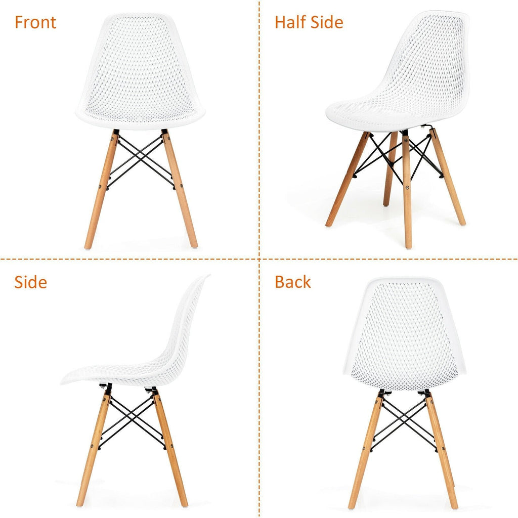 Set of 4 White Shell Dining Chairs with Perforated Seats, Beech Wood Legs and One Step Assembly