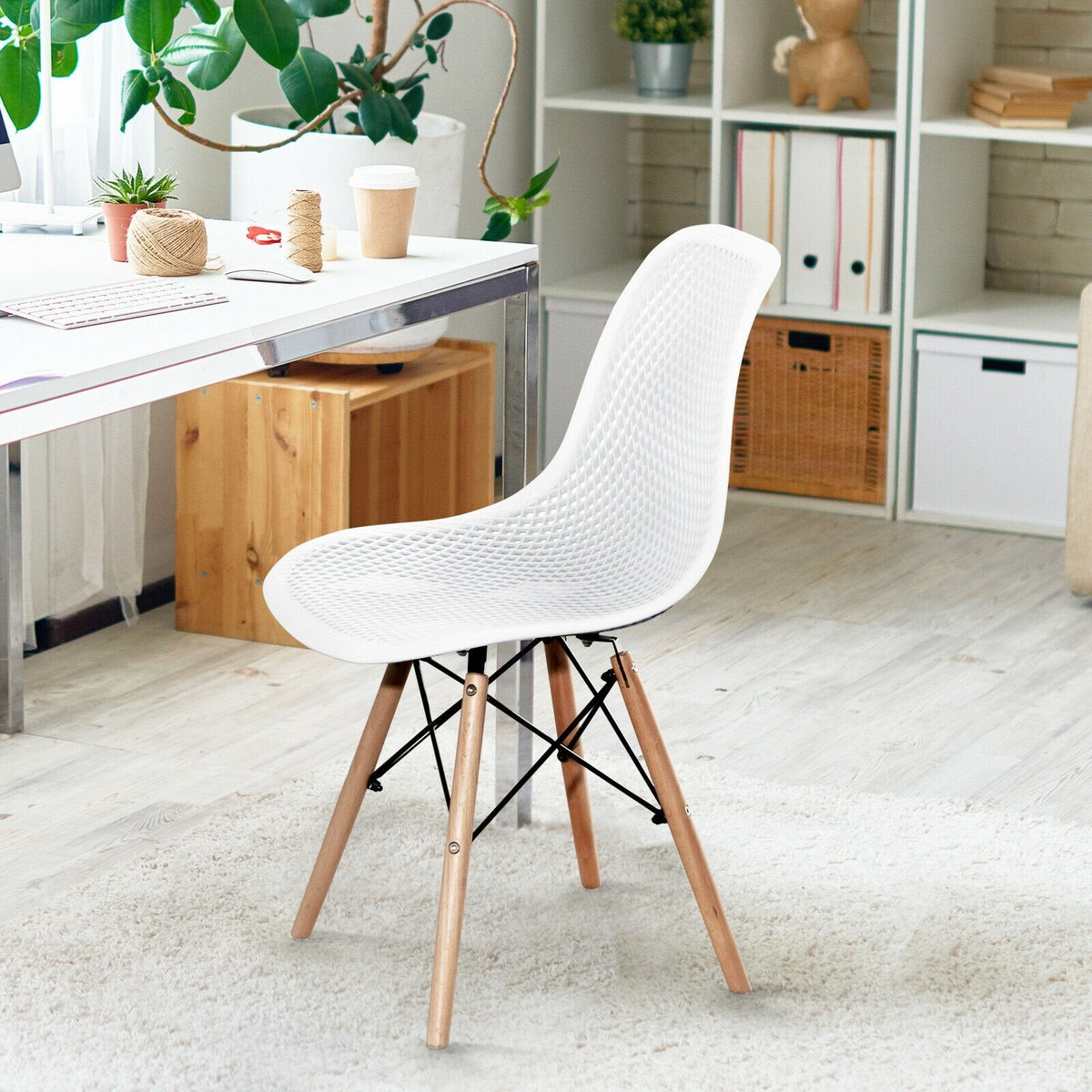 Set of 4 White Shell Dining Chairs with Perforated Seats, Beech Wood Legs and One Step Assembly