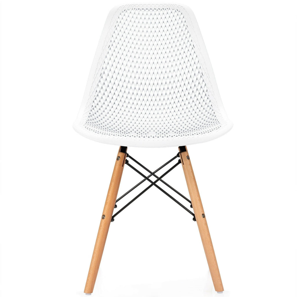 Set of 4 White Shell Dining Chairs with Perforated Seats, Beech Wood Legs and One Step Assembly