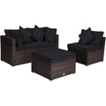 4 Piece Rattan Outdoor Sectional Set, Corner Sofas, Armless Seat and Convertible Ottoman, Black Cushions