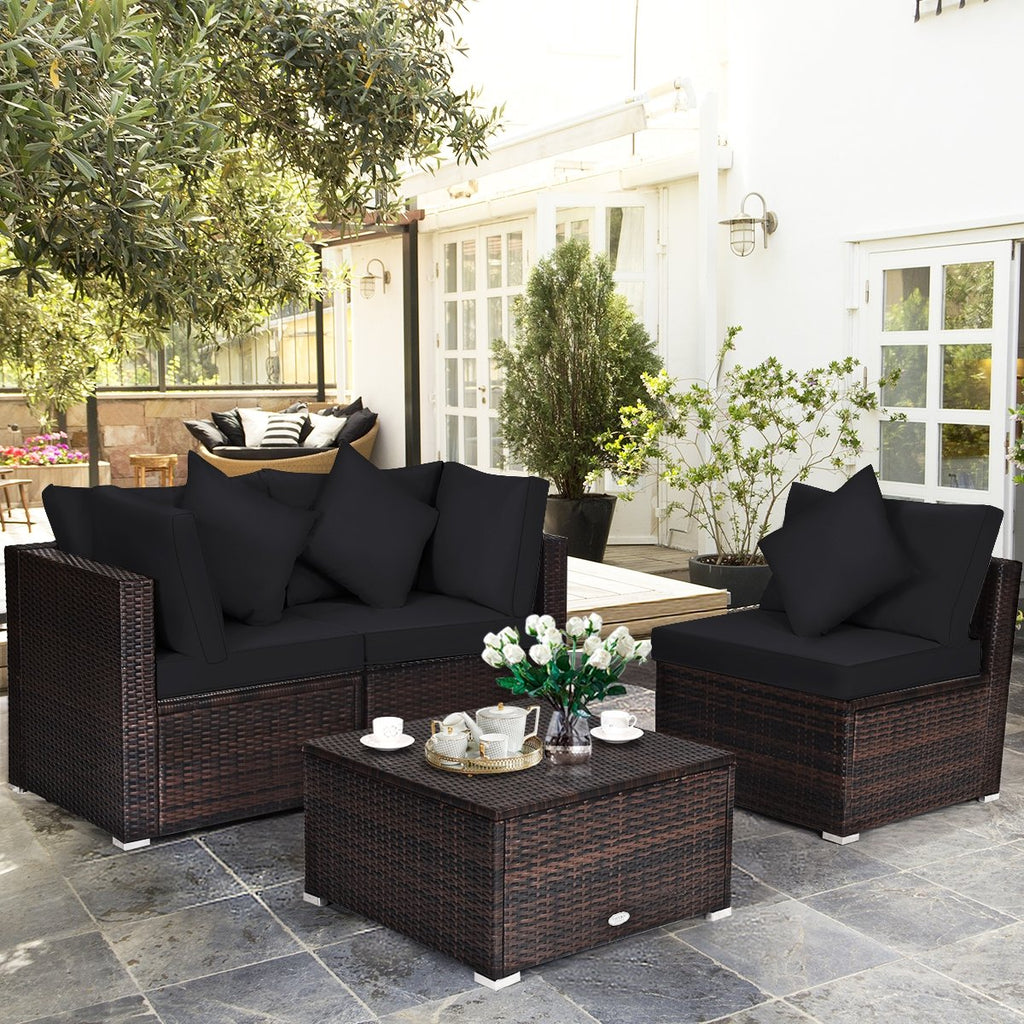 4 Piece Rattan Outdoor Sectional Set, Corner Sofas, Armless Seat and Convertible Ottoman, Black Cushions