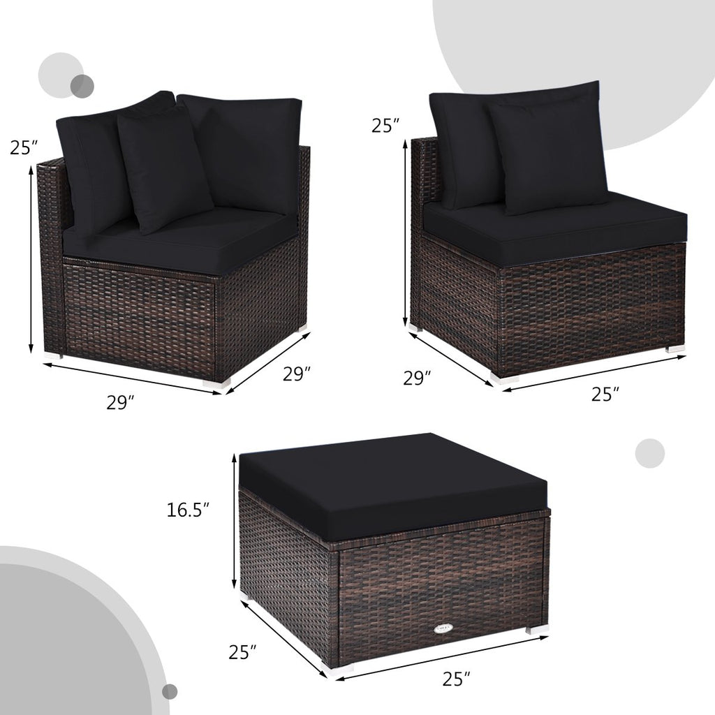 4 Piece Rattan Outdoor Sectional Set, Corner Sofas, Armless Seat and Convertible Ottoman, Black Cushions