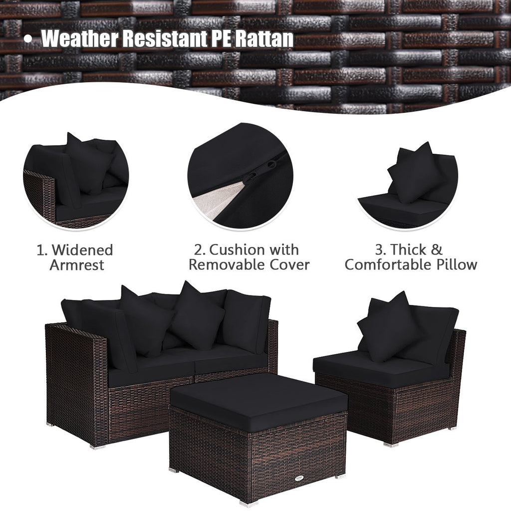4 Piece Rattan Outdoor Sectional Set, Corner Sofas, Armless Seat and Convertible Ottoman, Black Cushions