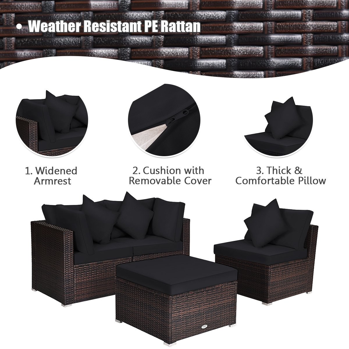 4 Piece Rattan Outdoor Sectional Set, Corner Sofas, Armless Seat and Convertible Ottoman, Black Cushions