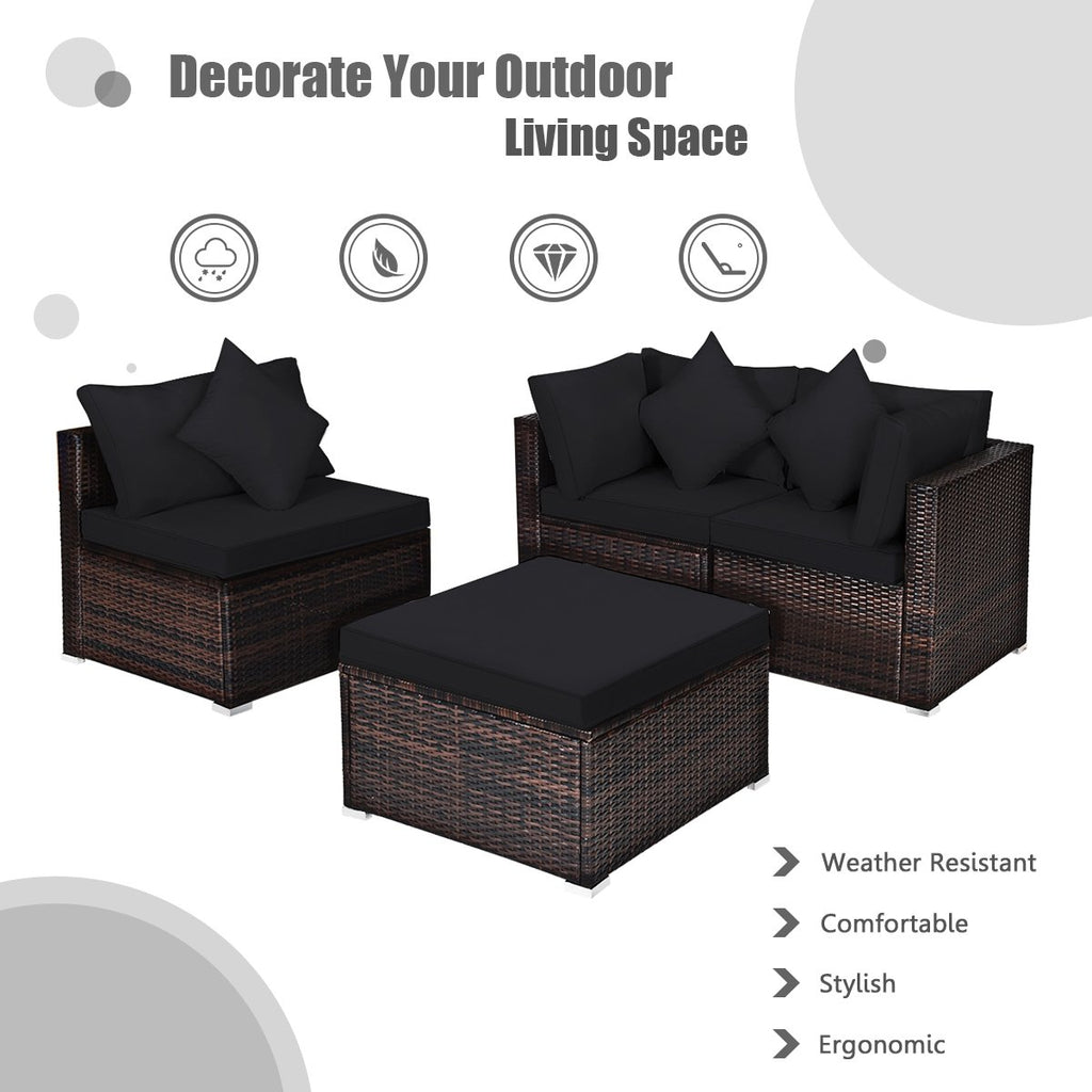 4 Piece Rattan Outdoor Sectional Set, Corner Sofas, Armless Seat and Convertible Ottoman, Black Cushions