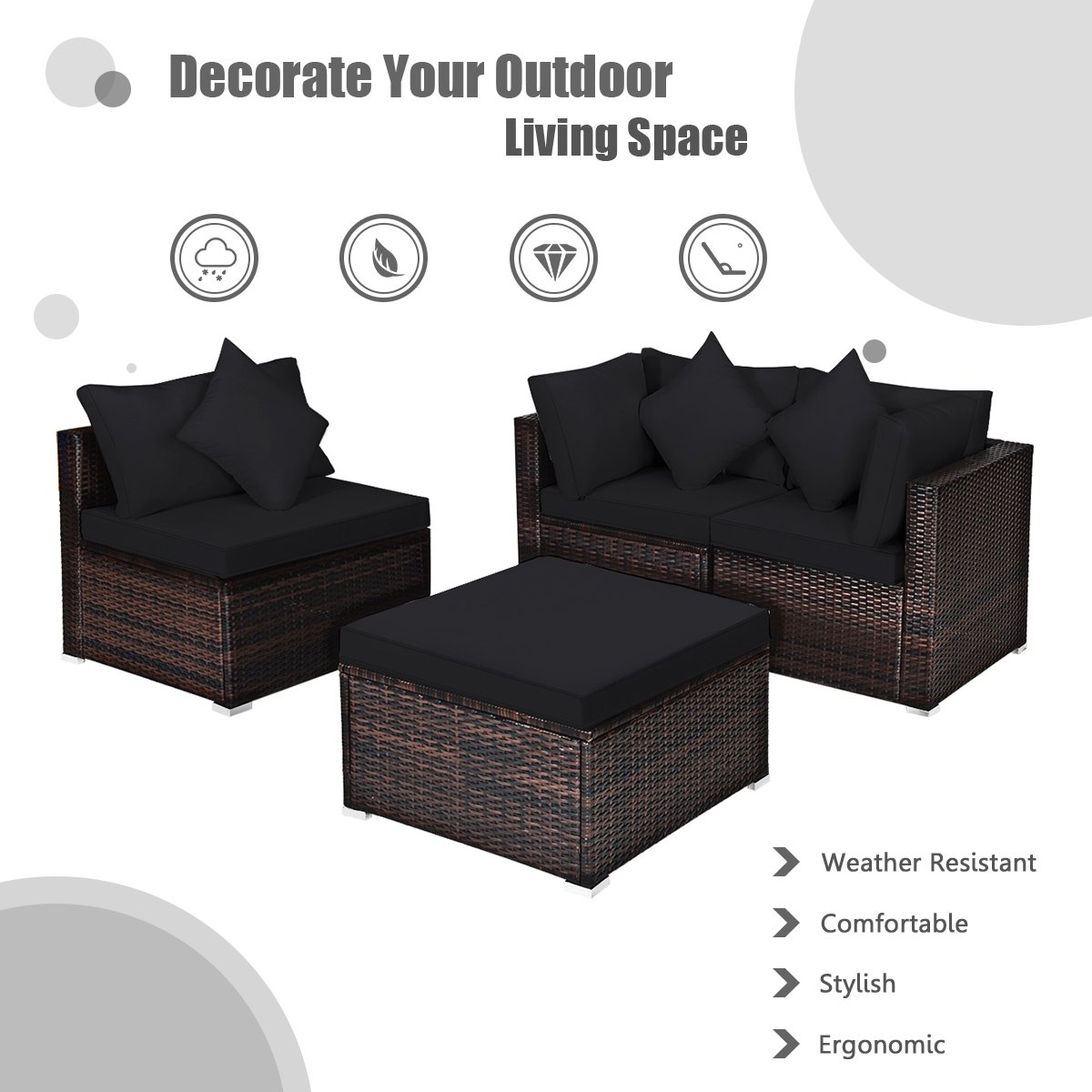 4 Piece Rattan Outdoor Sectional Set, Corner Sofas, Armless Seat and Convertible Ottoman, Black Cushions