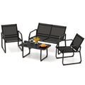 4 Piece Patio Sling Conversation Set, Loveseat Rated 660 lb, 2 Chairs Rated 330 lb and a 35.5 in Glass Top Coffee Table, Black