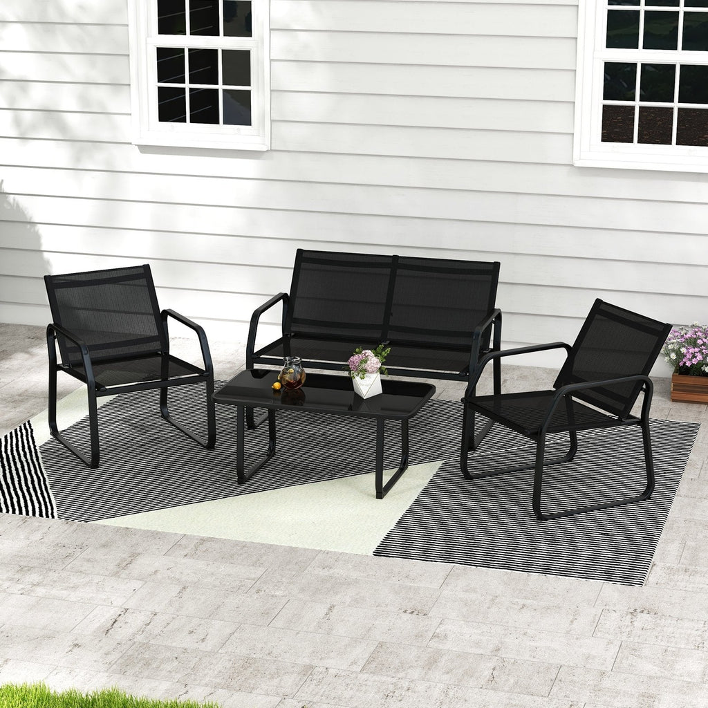 4 Piece Patio Sling Conversation Set, Loveseat Rated 660 lb, 2 Chairs Rated 330 lb and a 35.5 in Glass Top Coffee Table, Black