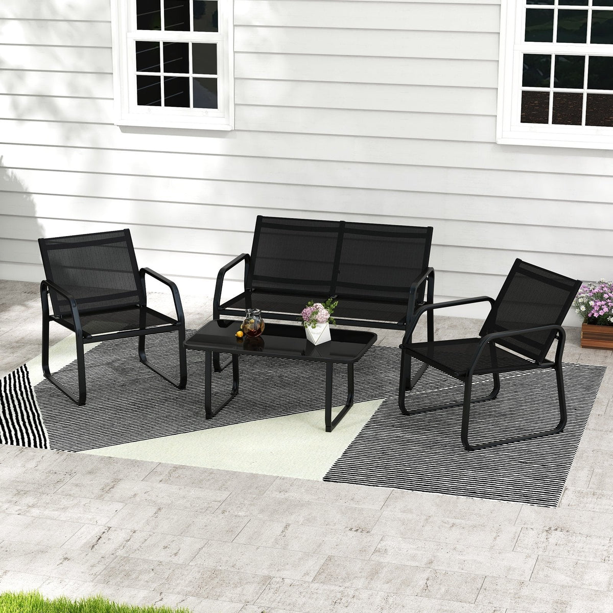 4 Piece Patio Sling Conversation Set, Loveseat Rated 660 lb, 2 Chairs Rated 330 lb and a 35.5 in Glass Top Coffee Table, Black