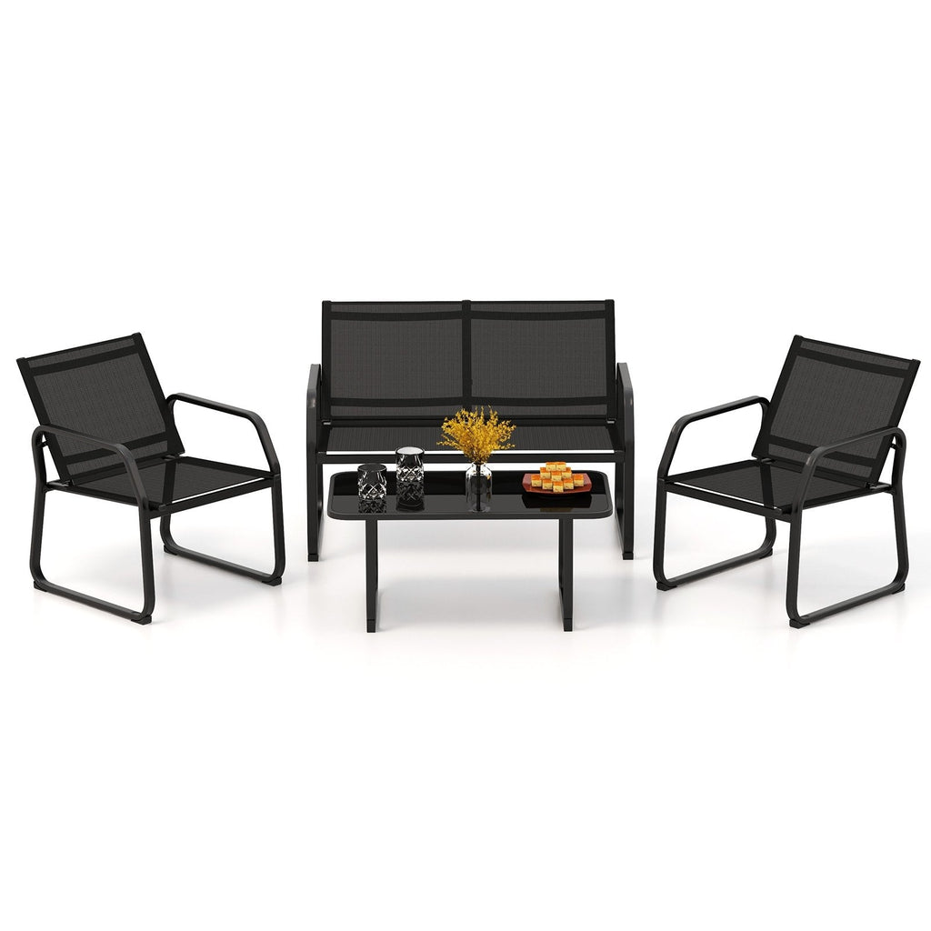 4 Piece Patio Sling Conversation Set, Loveseat Rated 660 lb, 2 Chairs Rated 330 lb and a 35.5 in Glass Top Coffee Table, Black