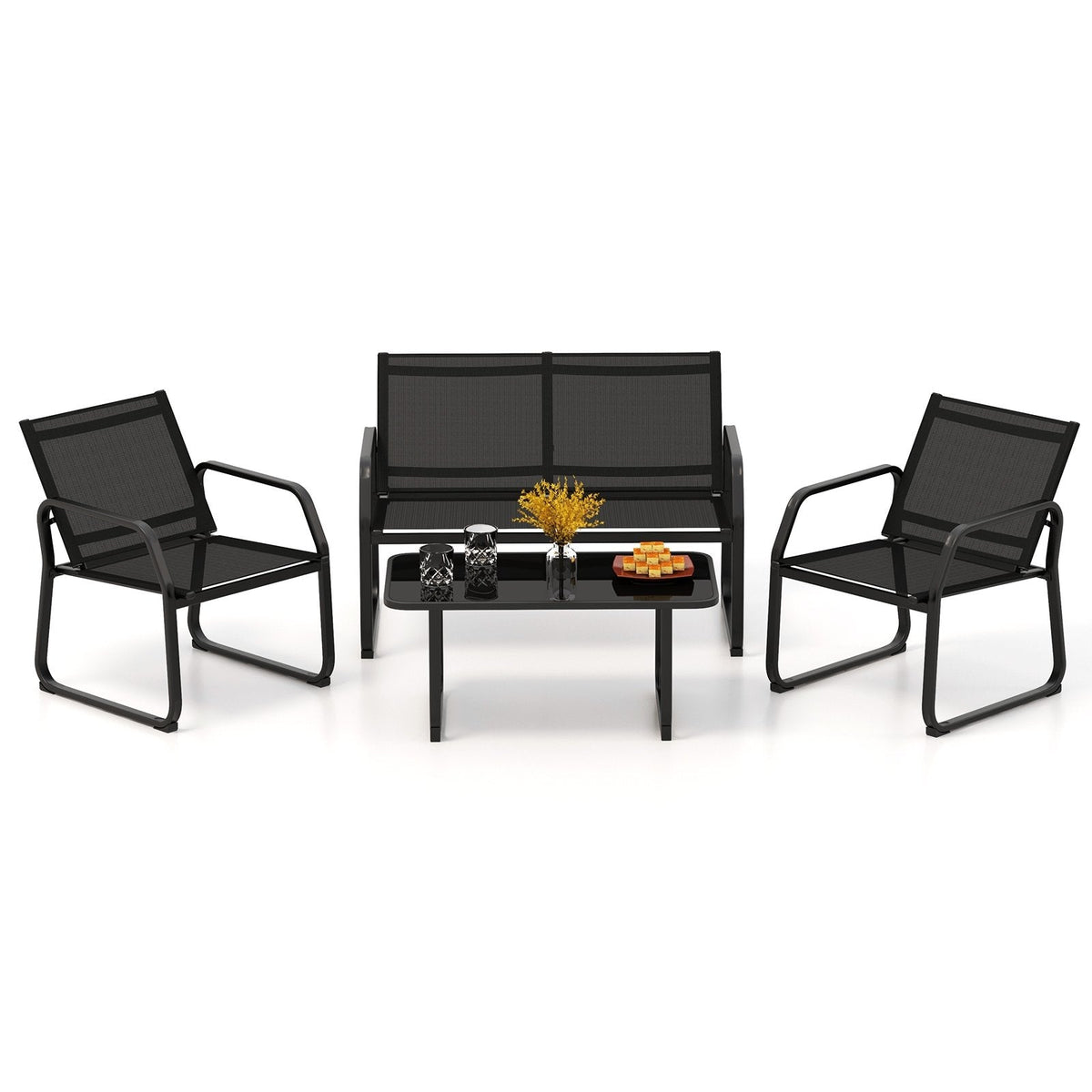 4 Piece Patio Sling Conversation Set, Loveseat Rated 660 lb, 2 Chairs Rated 330 lb and a 35.5 in Glass Top Coffee Table, Black