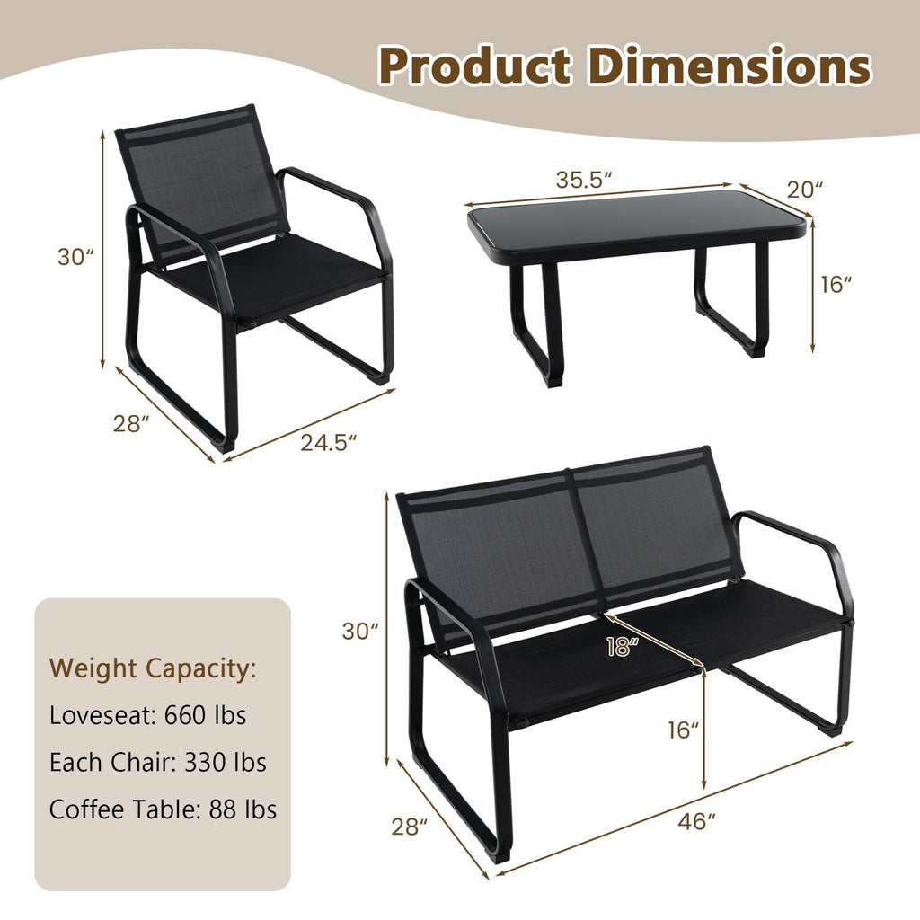 4 Piece Patio Sling Conversation Set, Loveseat Rated 660 lb, 2 Chairs Rated 330 lb and a 35.5 in Glass Top Coffee Table, Black