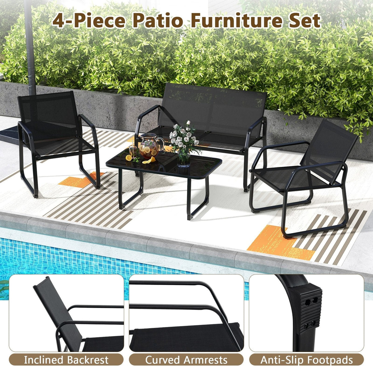 4 Piece Patio Sling Conversation Set, Loveseat Rated 660 lb, 2 Chairs Rated 330 lb and a 35.5 in Glass Top Coffee Table, Black