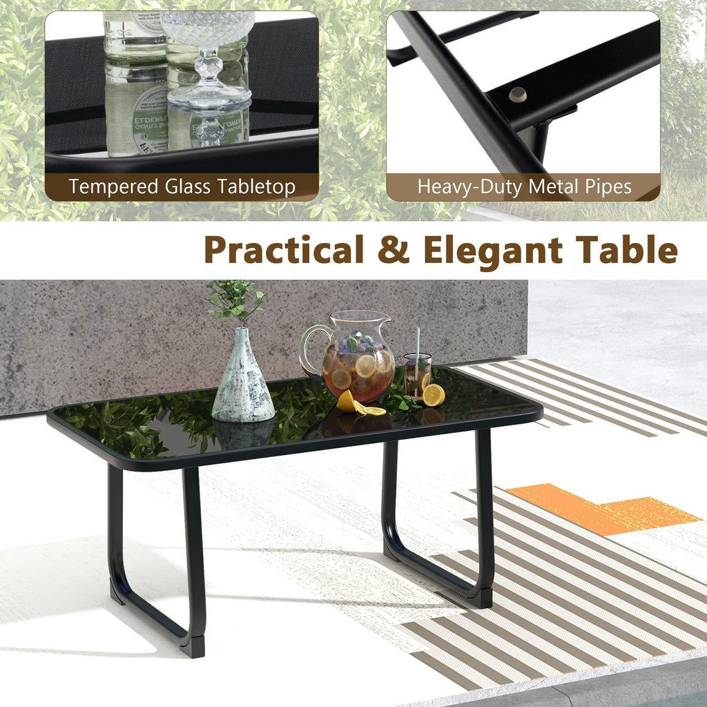 4 Piece Patio Sling Conversation Set, Loveseat Rated 660 lb, 2 Chairs Rated 330 lb and a 35.5 in Glass Top Coffee Table, Black