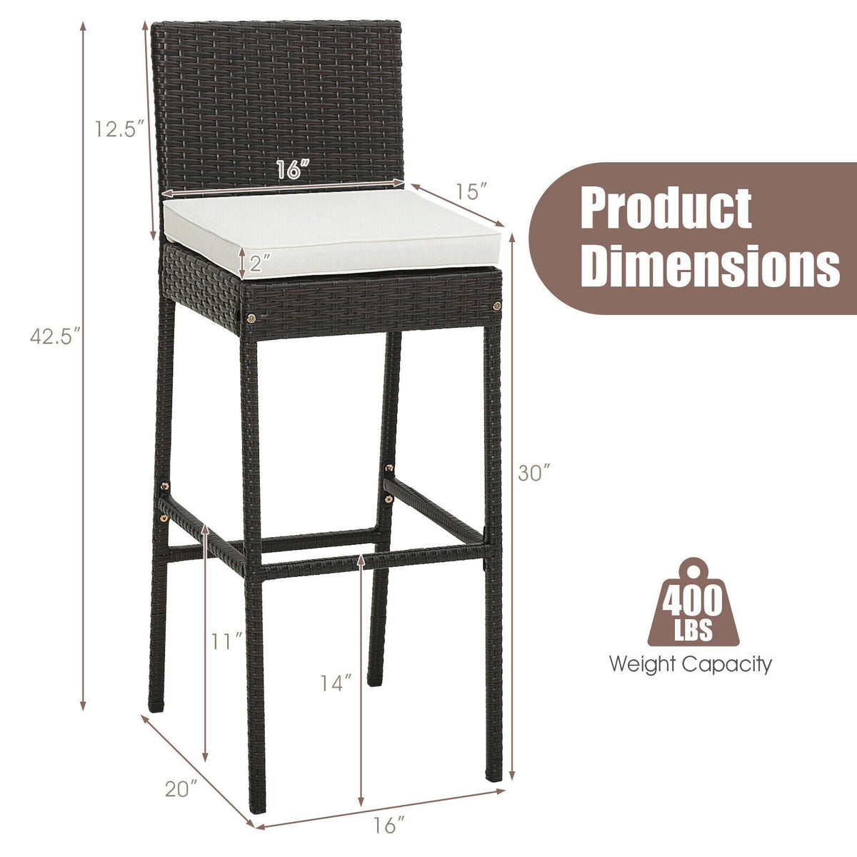 2 Pieces Patio Cushioned Wicker Barstools with Cozy Footrest-Set of 2