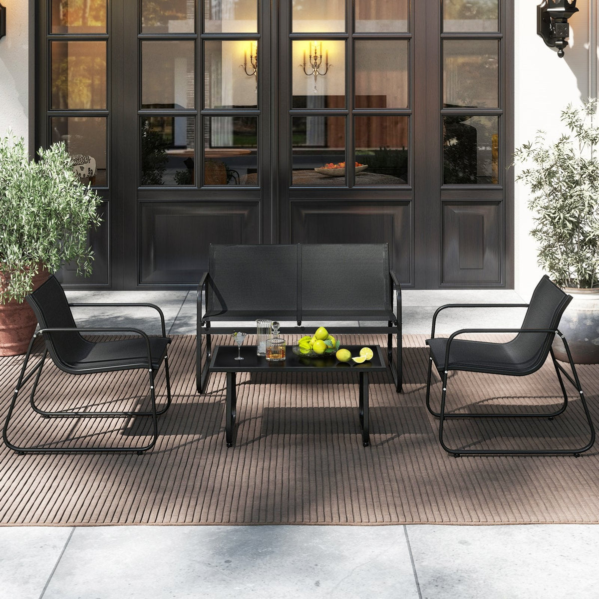 4 Piece Sling Fabric Patio Conversation Set with Glass Coffee Table, Black