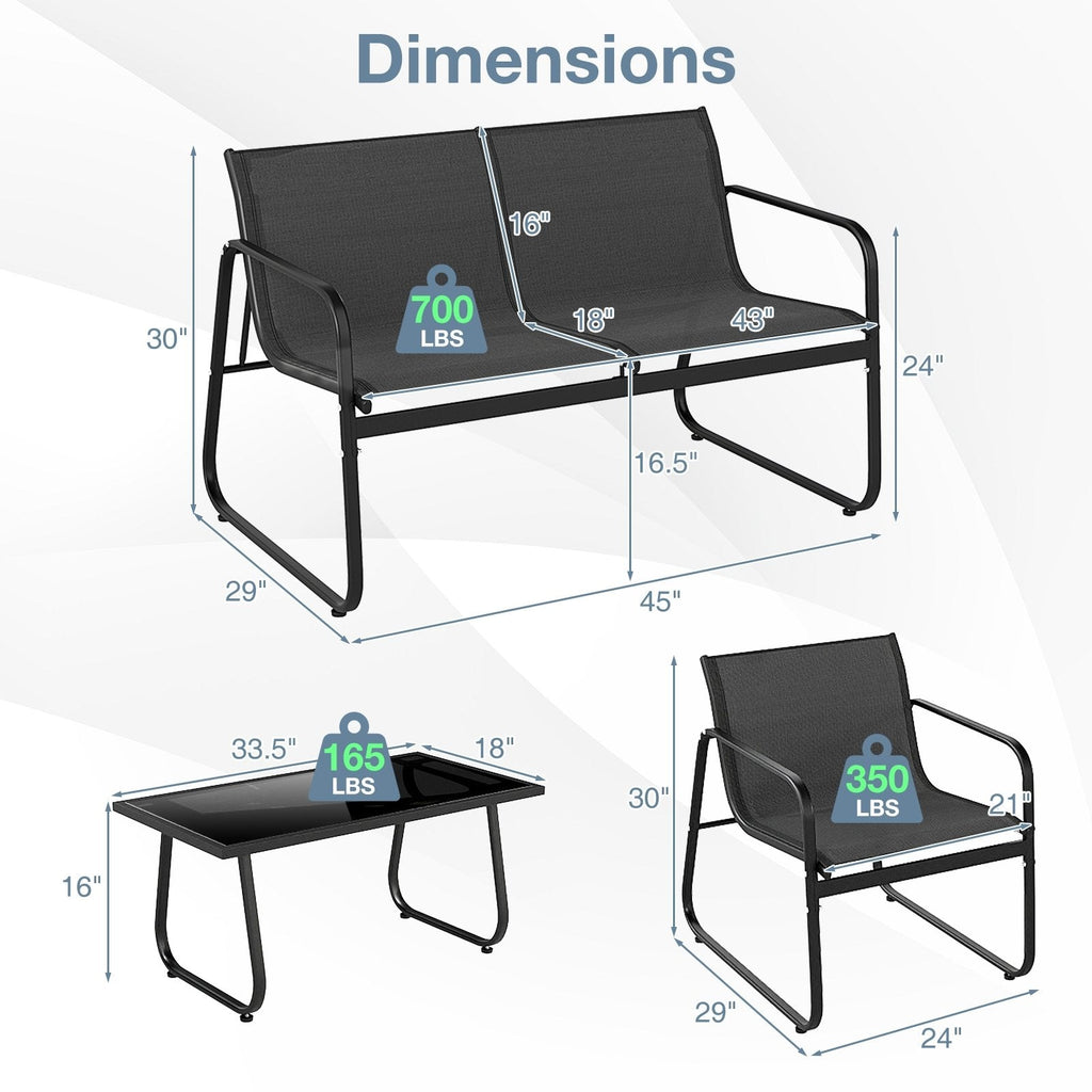 4 Piece Sling Fabric Patio Conversation Set with Glass Coffee Table, Black