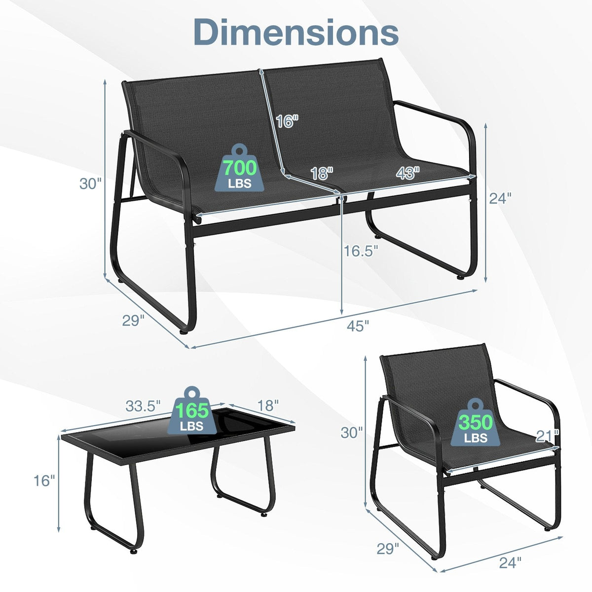 4 Piece Sling Fabric Patio Conversation Set with Glass Coffee Table, Black
