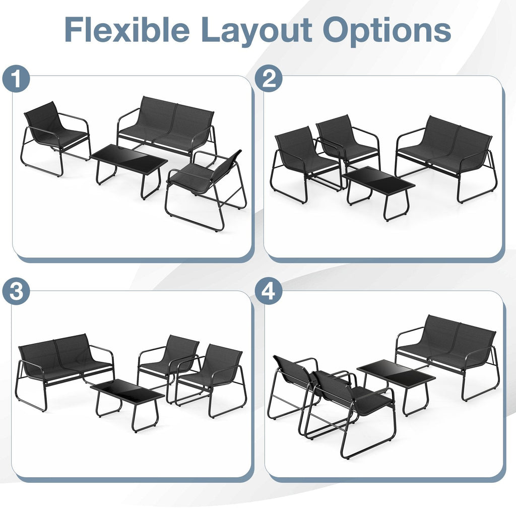4 Piece Sling Fabric Patio Conversation Set with Glass Coffee Table, Black