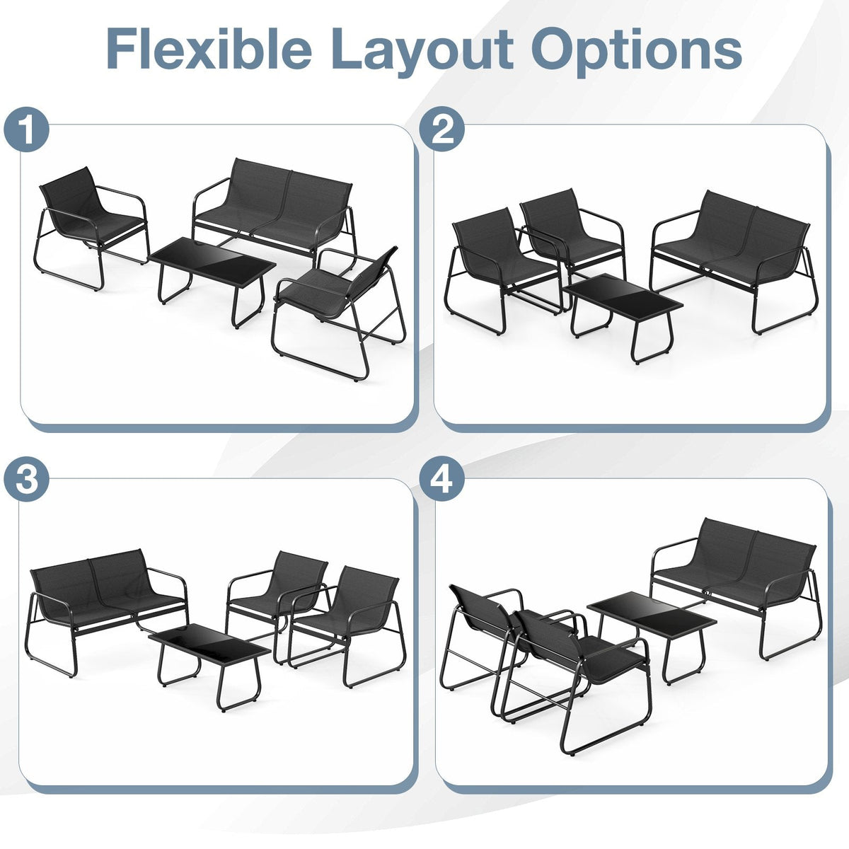 4 Piece Sling Fabric Patio Conversation Set with Glass Coffee Table, Black