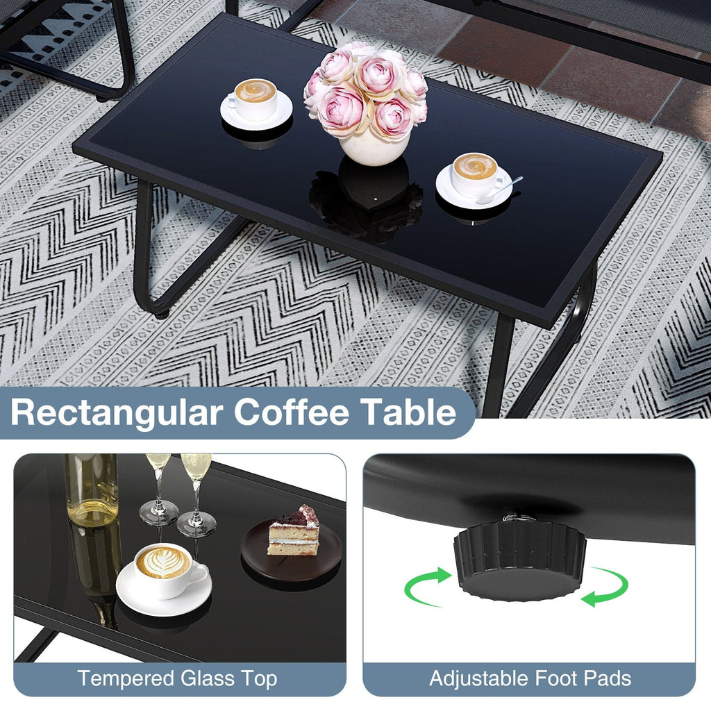 4 Piece Sling Fabric Patio Conversation Set with Glass Coffee Table, Black