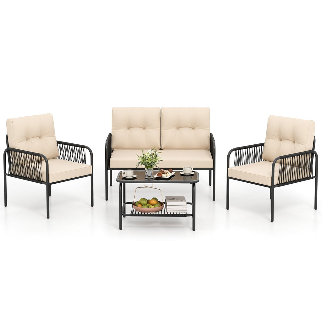 4 Piece Patio Conversation Set with Rope Armrests, Cushions and 2 Tier Glass Table, Beige