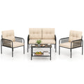 4 Piece Patio Conversation Set with Rope Armrests, Cushions and 2 Tier Glass Table, Beige