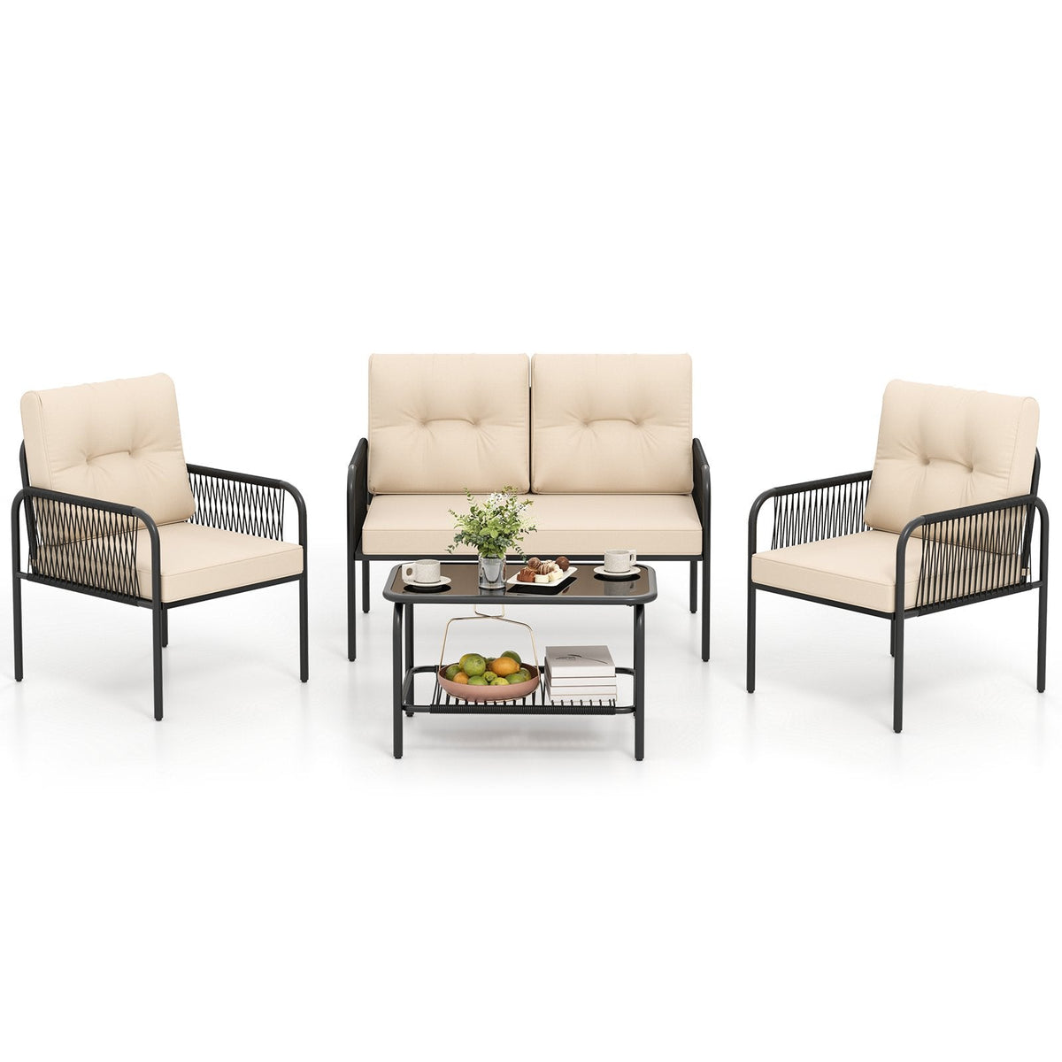 4 Piece Patio Conversation Set with Rope Armrests, Cushions and 2 Tier Glass Table, Beige