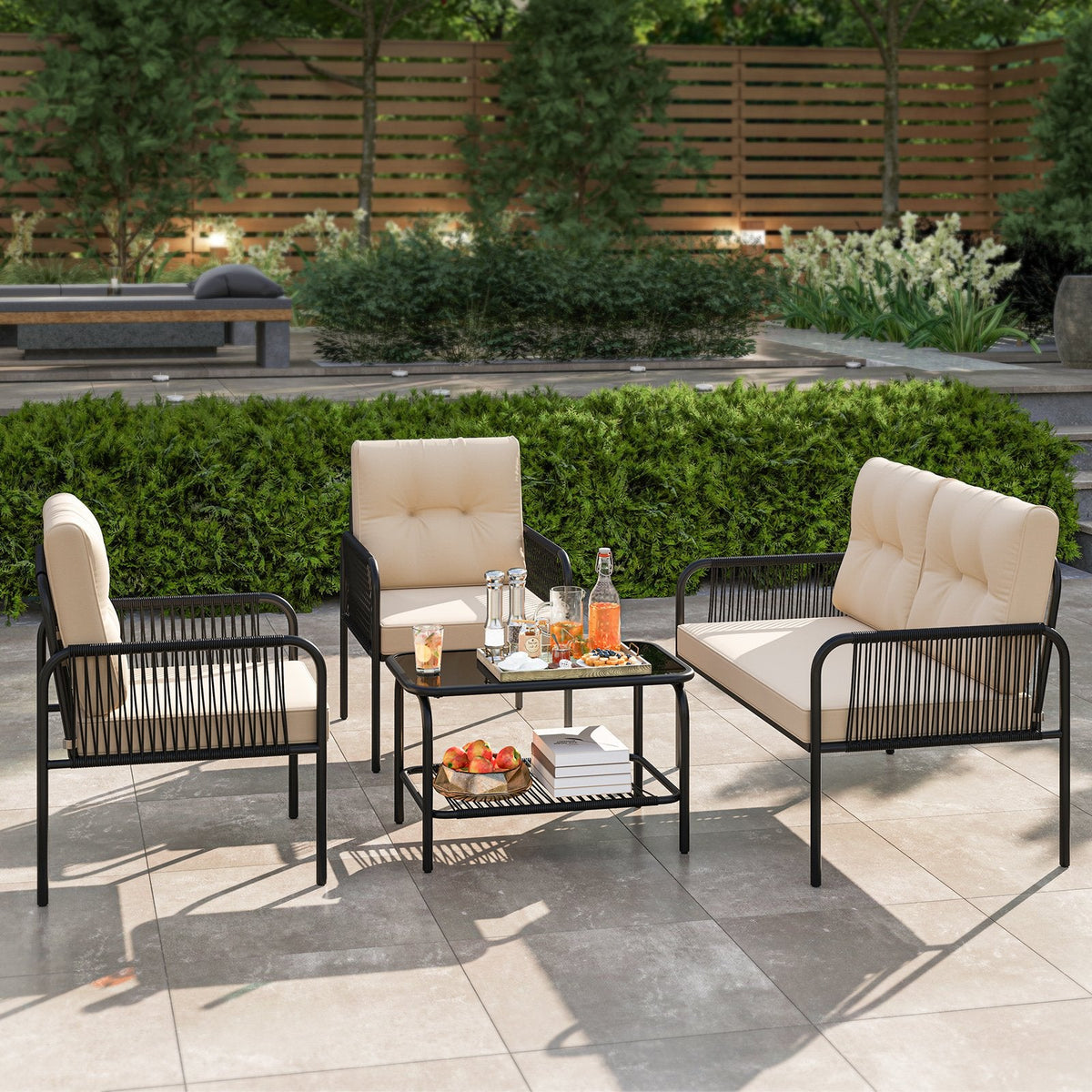 4 Piece Patio Conversation Set with Rope Armrests, Cushions and 2 Tier Glass Table, Beige