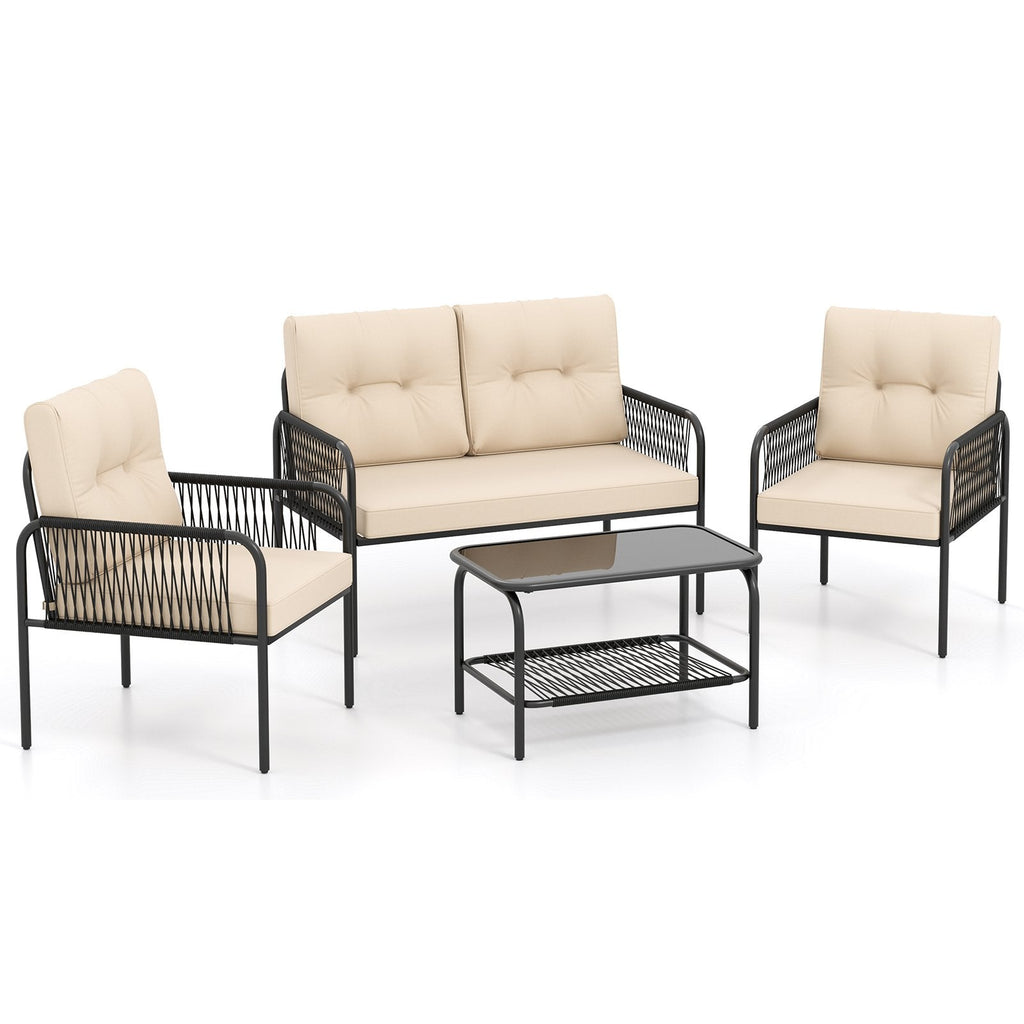 4 Piece Patio Conversation Set with Rope Armrests, Cushions and 2 Tier Glass Table, Beige