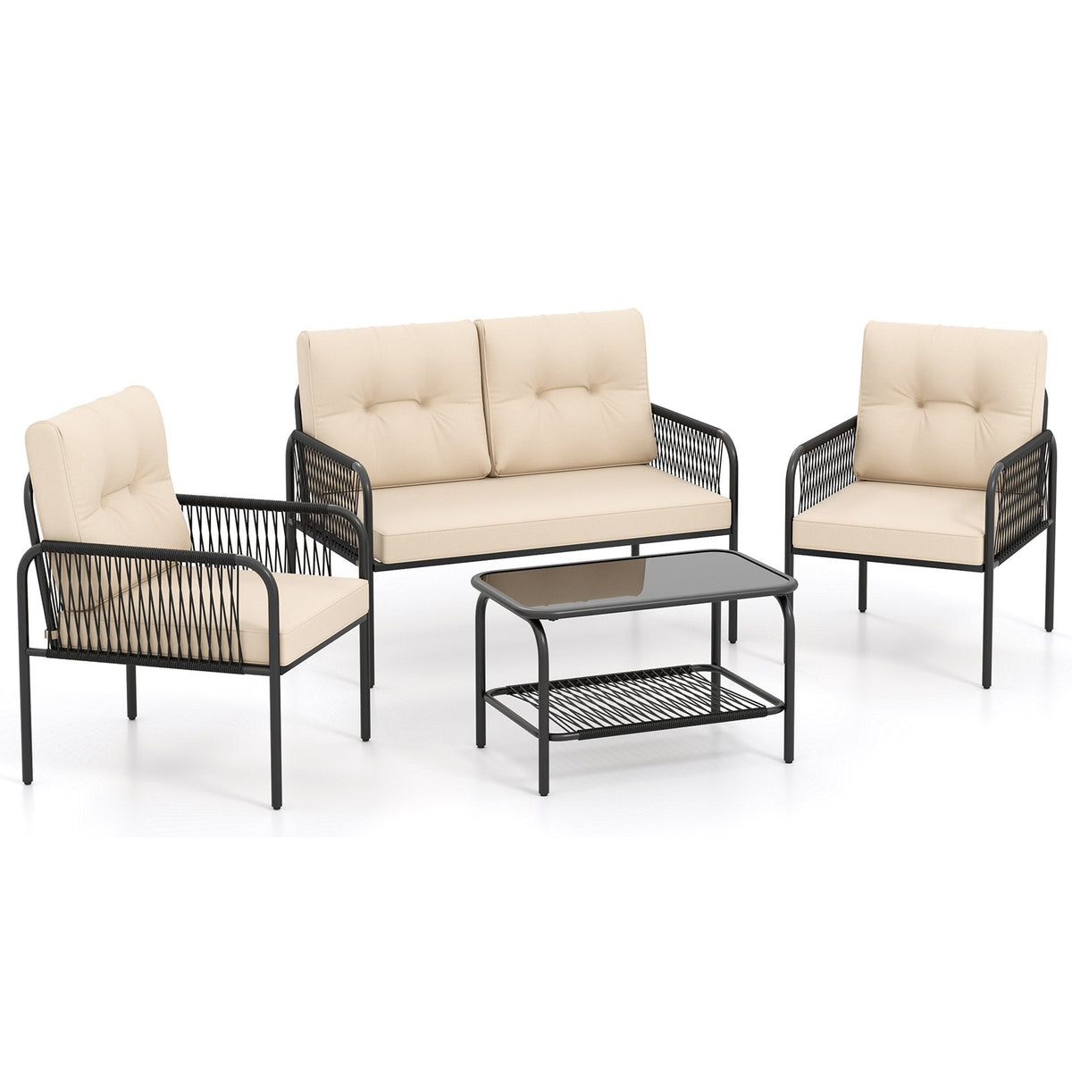 4 Piece Patio Conversation Set with Rope Armrests, Cushions and 2 Tier Glass Table, Beige