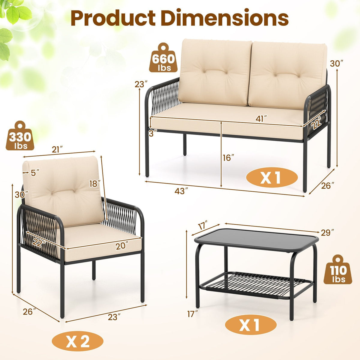 4 Piece Patio Conversation Set with Rope Armrests, Cushions and 2 Tier Glass Table, Beige