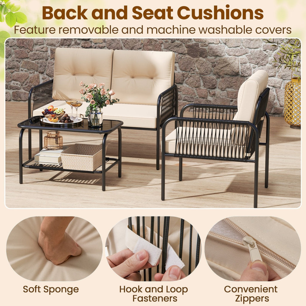 4 Piece Patio Conversation Set with Rope Armrests, Cushions and 2 Tier Glass Table, Beige