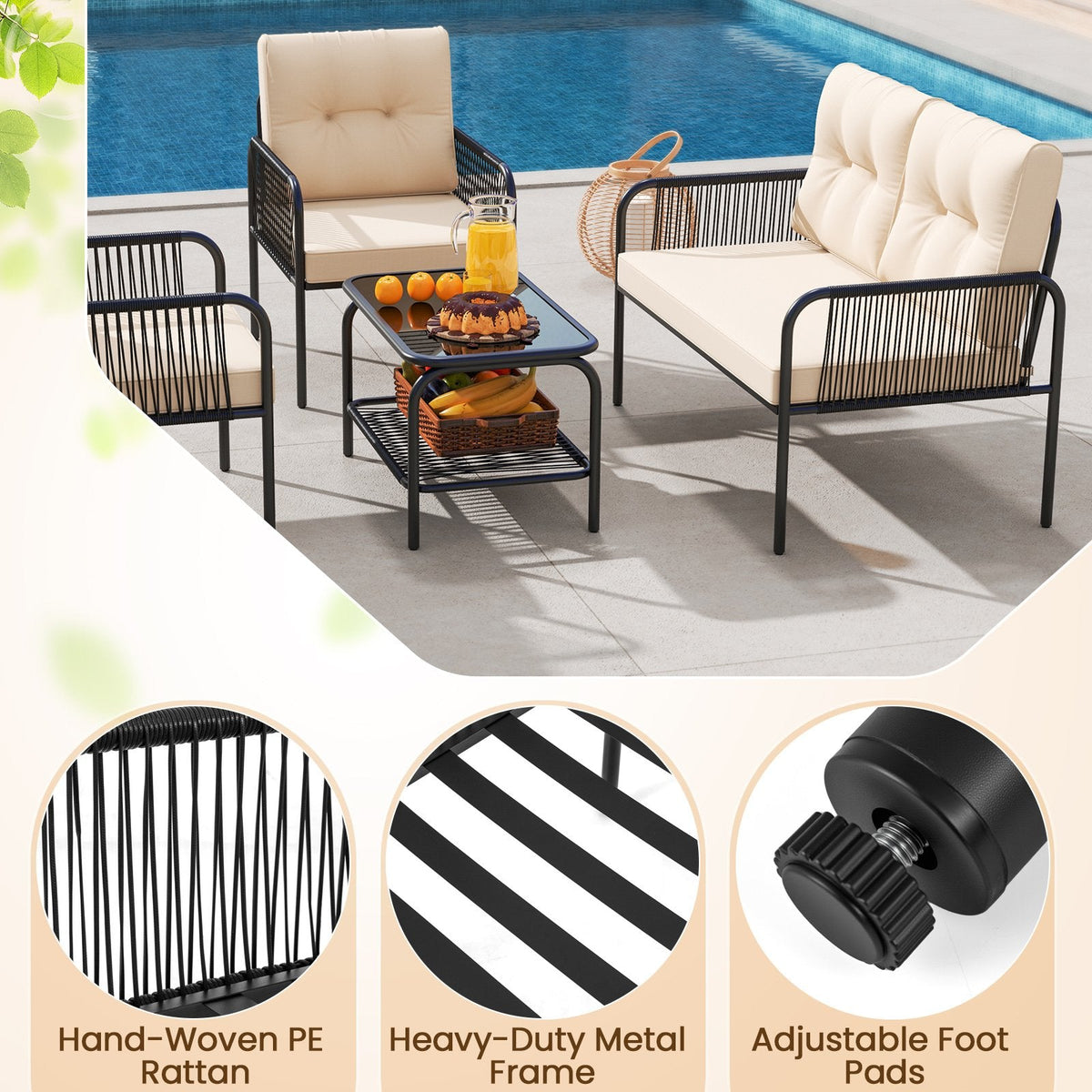 4 Piece Patio Conversation Set with Rope Armrests, Cushions and 2 Tier Glass Table, Beige
