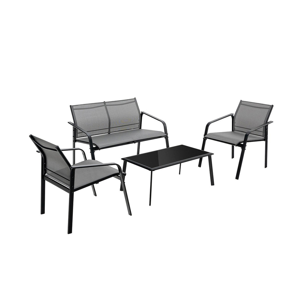 4 Piece Sling Patio Conversation Set with Glass Coffee Table, Gray