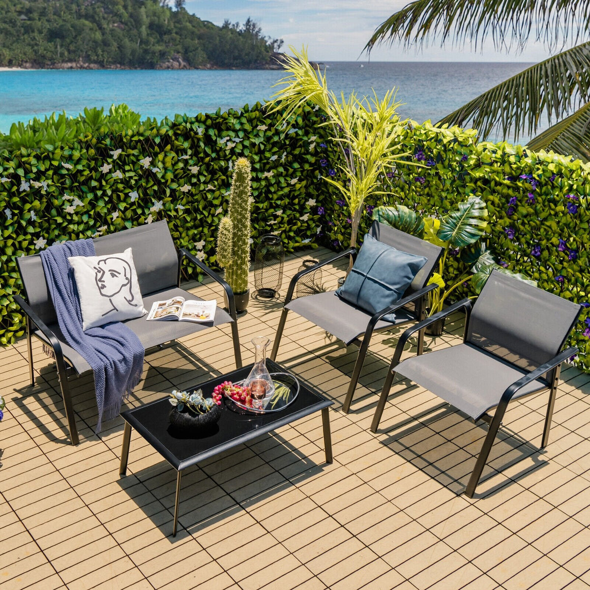 4 Piece Sling Patio Conversation Set with Glass Coffee Table, Gray